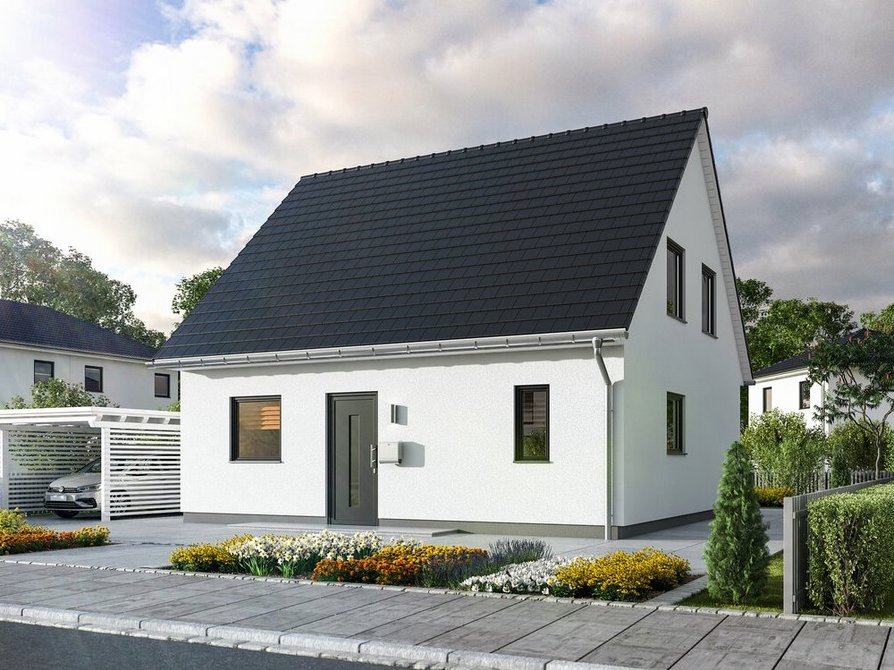 Blick von Straße auf das Einfamilienhaus Flair 113 mit Satteldach in Variante Elegance